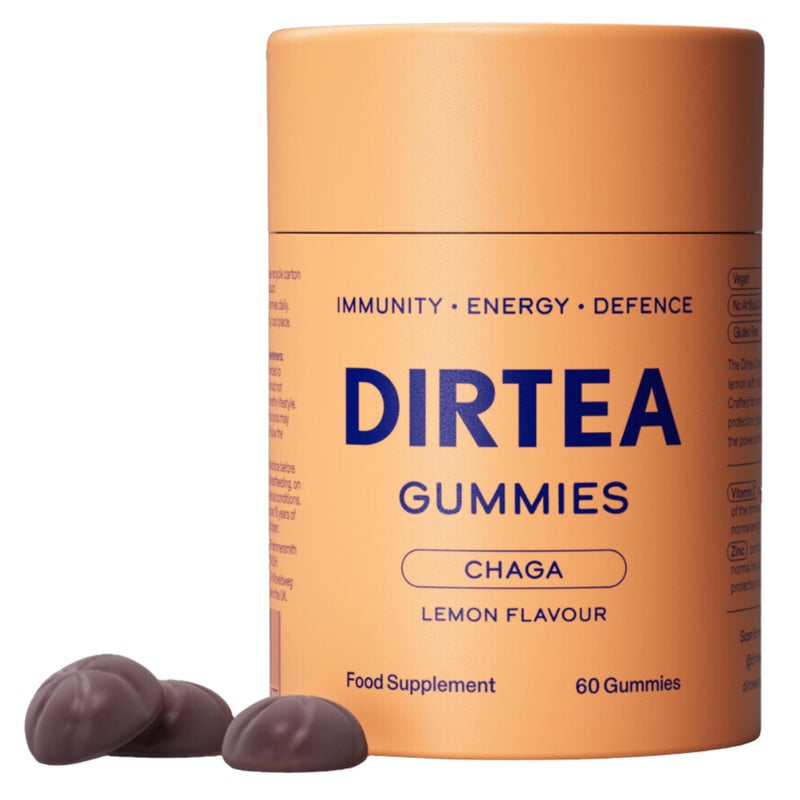 DIRTEA Chaga Mushroom Gummies - Vegan, Natural & Sugar Free with Vitamin C & Zinc - Immune & Energy Supplement - 1 Month's Supply - 3,000mg per Serving - 60 Gummies - Lemon Flavour